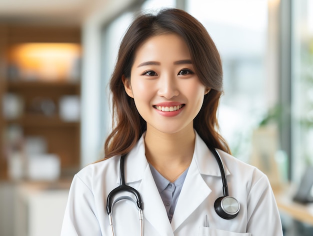 Retrato de um médico amigável em roupa de trabalho com estetoscópio no pescoço