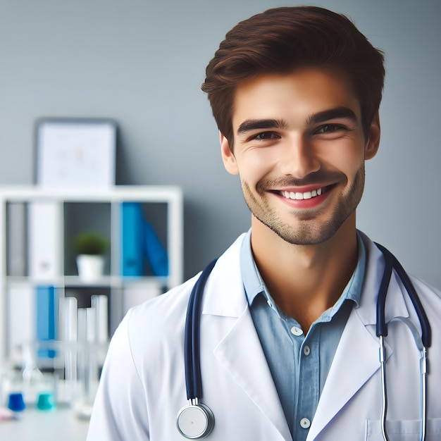 Foto retrato de um médico amigável isolado em fundo cinzento