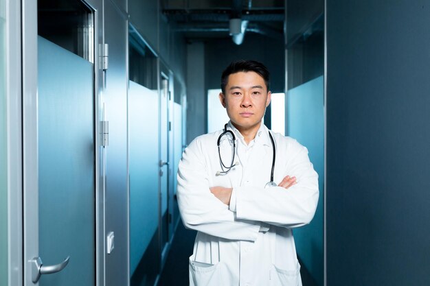 Retrato de um médico asiático sério um homem na clínica no corredor perto das enfermarias olhando atentamente para a câmera