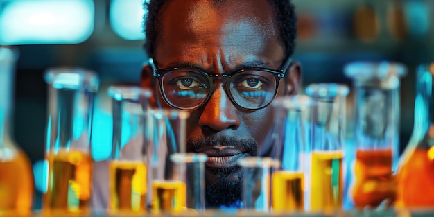 Retrato de um médico cientista preto com tubos de ensaio com um teste de vírus em um laboratório bioquímico em uma clínica científica