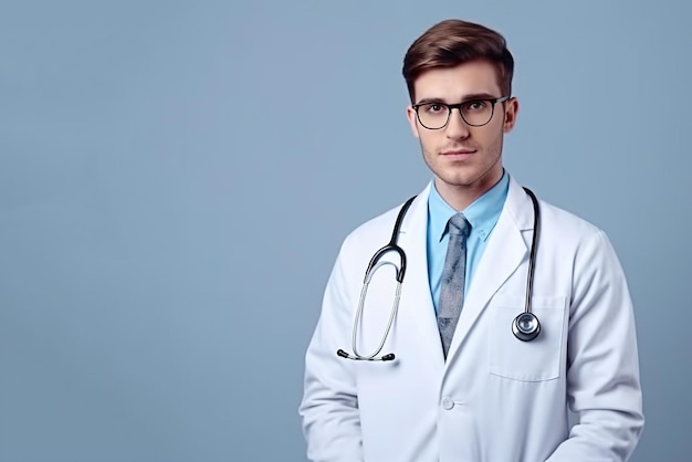 Retrato de um médico com estetoscópio vestindo um casaco branco em pé sobre um fundo azul