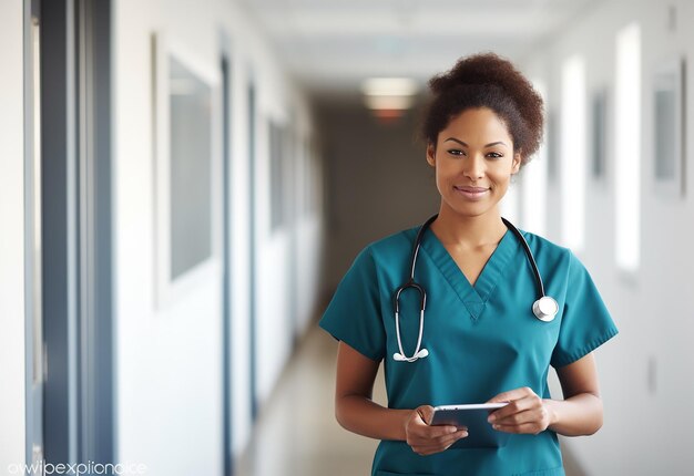 Foto retrato de um médico com um estetoscópio e usando um computador de tabulação