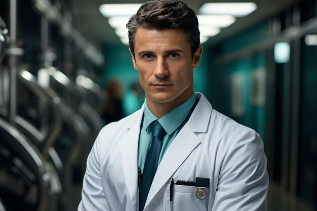 Retrato de um médico confiante de casaco branco de pé no corredor do hospital