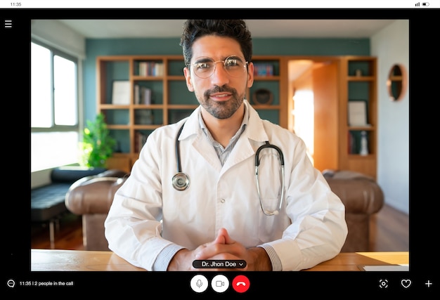Retrato de um médico em uma videochamada para uma consulta virtual com um paciente. novo estilo de vida normal. conceito de cuidados de saúde e medicina.