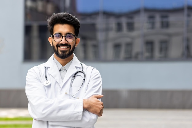 Retrato de um médico hindu feliz e bem-sucedido, um jovem médico sorrindo e olhando para