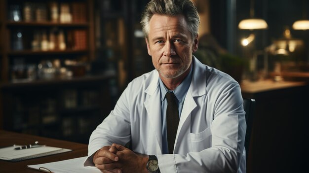 retrato de um médico homem confiante de casaco branco olhando para a câmera enquanto estava sentado à mesa na clínica de medicina
