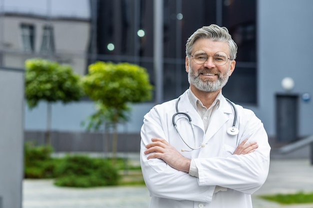 Retrato de um médico maduro e bem-sucedido com barba e casaco médico fora de uma clínica moderna