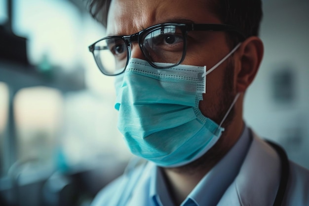 Foto retrato de um médico masculino usando máscara facial