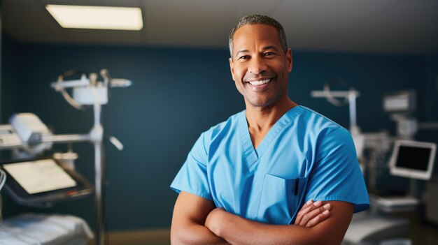 Foto retrato de um médico no fundo de seu consultório