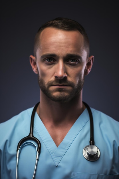 Retrato de um médico sério com estetoscópio em fundo escuro