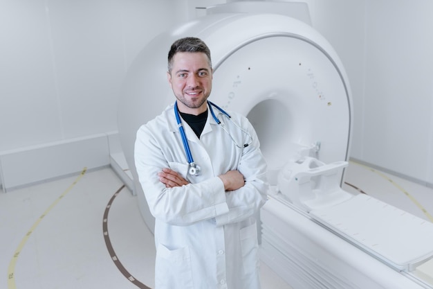 Foto retrato de um médico sorridente de jaleco branco olhando para a câmera no fundo de uma ressonância magnética na clínica