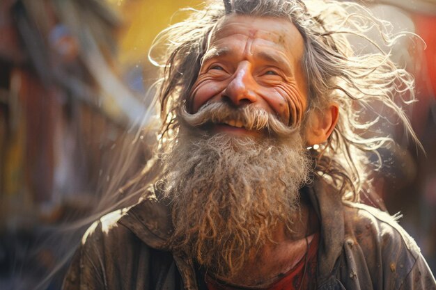 Retrato de um mendigo sênior com um olhar sonhador e esperança de um futuro brilhante