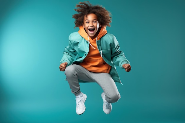 Retrato de um menino adolescente afro-americano saltando em fundo verde