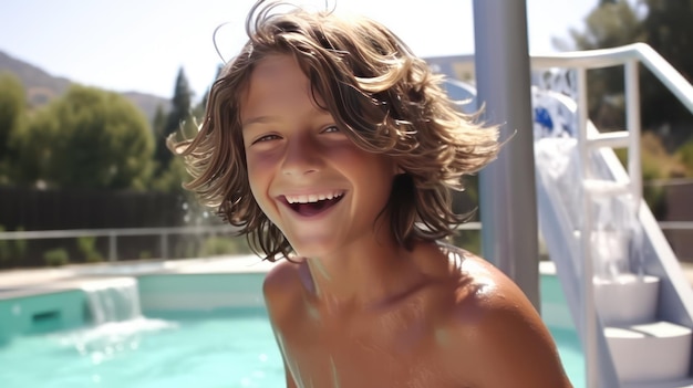 Retrato de um menino adolescente feliz na piscina