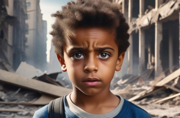 Retrato de um menino afro-americano assustado em fundo claro contra o fundo de uma cidade destruída