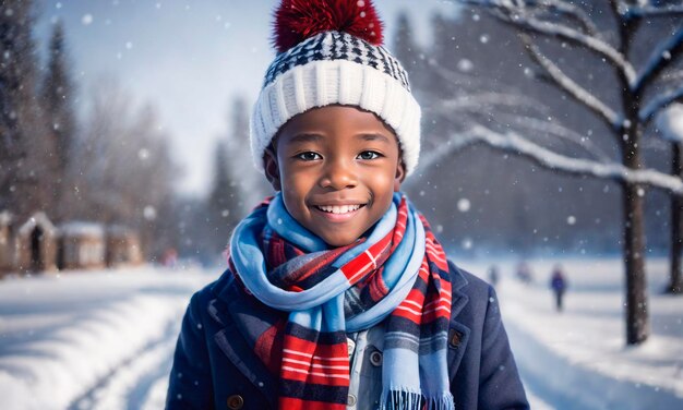 Retrato de um menino afro-americano sorridente em roupas de inverno e chapéu em um fundo de queda de neve