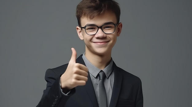 Retrato de um menino alegre e diligente mostrando o polegar e sorrindo para a câmera