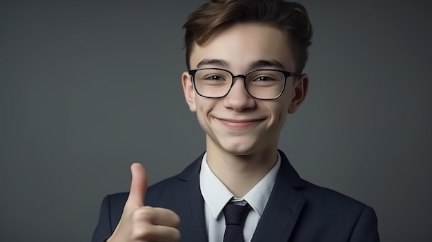 Retrato de um menino alegre e diligente mostrando o polegar e sorrindo para a câmera