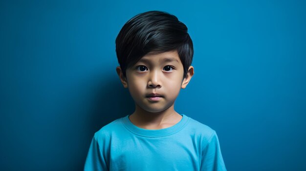 Retrato de um menino asiático em uma roupa casual de pé na frente de uma imagem de fundo azul ai