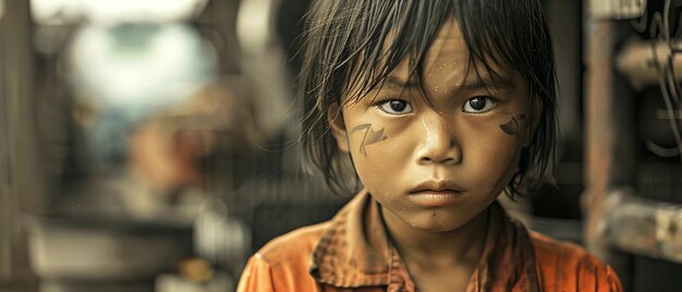 Foto retrato de um menino asiático pobre trabalhando em uma fábrica com um fundo de fábrica um conceito de trabalho infantil com um grande espaço para texto ia geradora