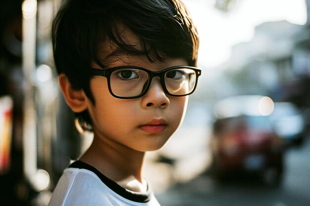 Retrato de um menino asiático usando óculos na cidade