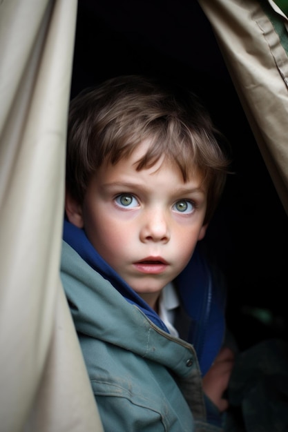 Retrato de um menino assustado enquanto acampava criado com IA generativa