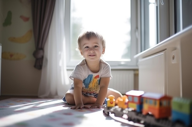 Retrato de um menino bonitinho brincando com um trem de brinquedo em casa Generative AI