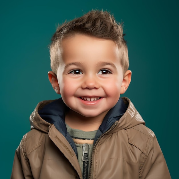 retrato de um menino bonitinho vestindo uma jaqueta marrom sobre um fundo azul