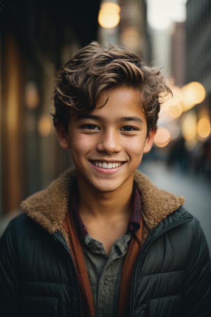 Foto retrato de um menino bonito com rosto sorridente