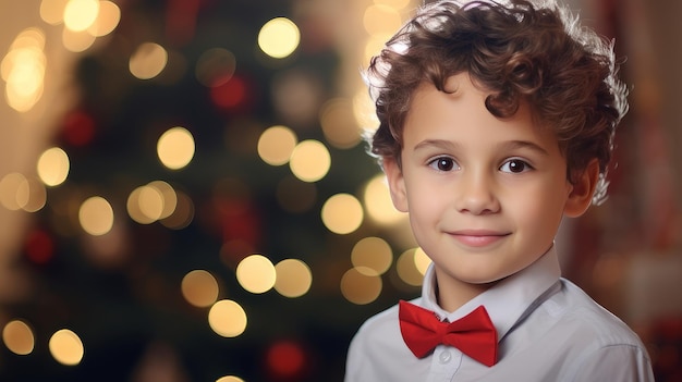 Retrato de um menino bonito e feliz perto da árvore de Ano Novo na véspera de Natal no interior de uma casa