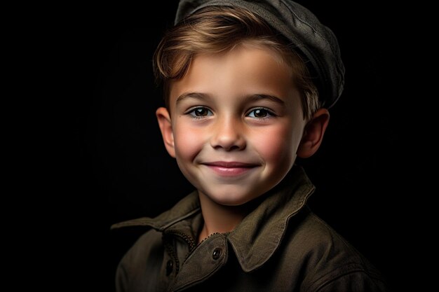 Retrato de um menino bonito em uniforme militar em fundo escuro
