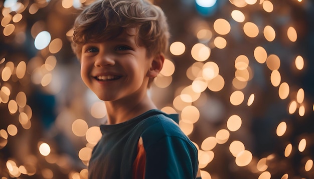 Retrato de um menino bonito no fundo das luzes de Natal