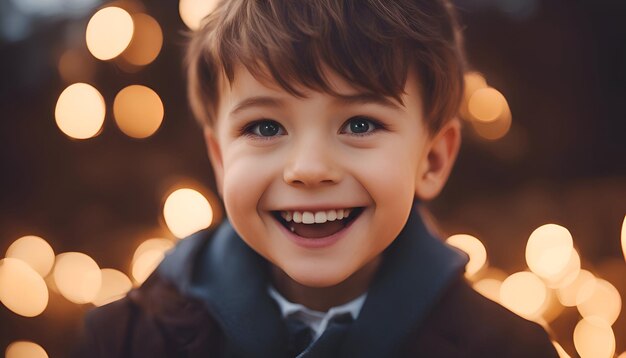 Retrato de um menino bonito no fundo de luzes bokeh