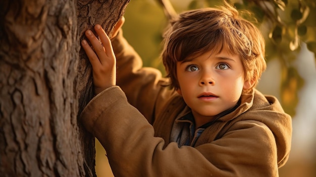 Retrato de um menino bonito no parque outono A criança olha para a câmera