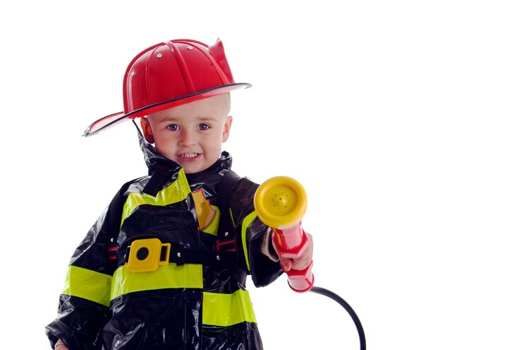 Foto retrato de um menino bonito segurando uma mangueira de incêndio enquanto usa um traje de bombeiro contra um fundo branco