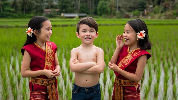 Foto retrato de um menino bonito sem camisa com os braços cruzados e duas meninas adoráveis em vestidos tradicionais tailandeses