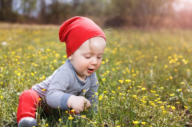 Foto retrato de um menino branco branco com um chapéu vermelho. criança sentada na grama de um parque num dia de verão.