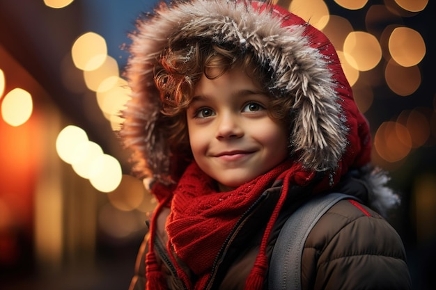 Retrato de um menino caucasiano feliz e sorridente, encolhido e com capuz, olhando para a rua decorada na noite de Natal.