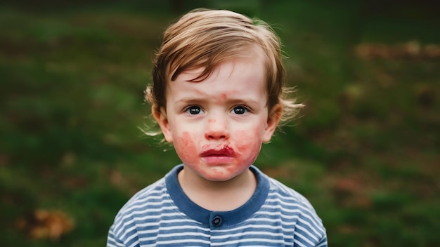 Retrato de um menino com erupção alérgica ou eczema no rosto reação alérxica grave pele atópica