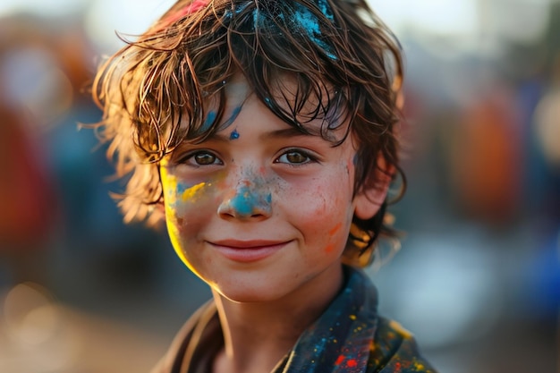 Retrato de um menino com o rosto coberto de cores Holi conceito de festival Holi