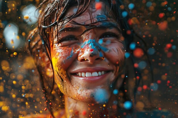 Retrato de um menino com o rosto coberto de cores Holi conceito de festival Holi