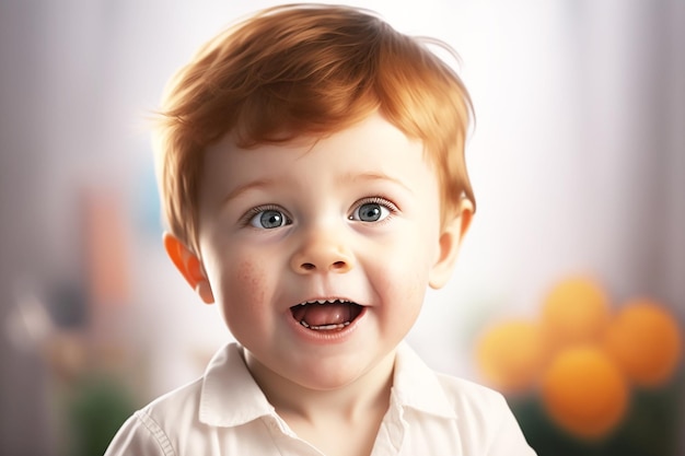 Retrato de um menino com um sorriso no rosto em uma sala