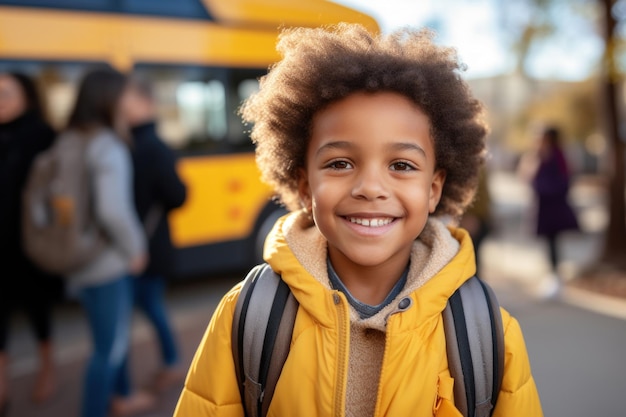 Retrato de um menino de escola primária multiétnico feliz sorridente com mochila nas costas no backgro