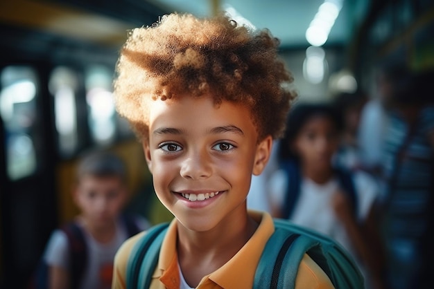 Retrato de um menino de escola primária multiétnico feliz sorridente com uma mochila nas costas no backg