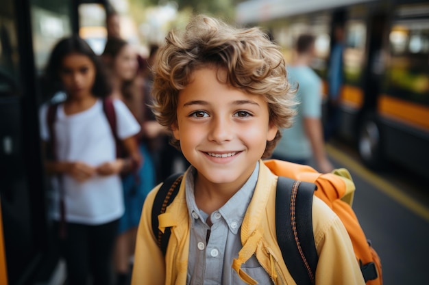 Retrato de um menino de escola primária sorridente e feliz no contexto de um ônibus escolar p fictício