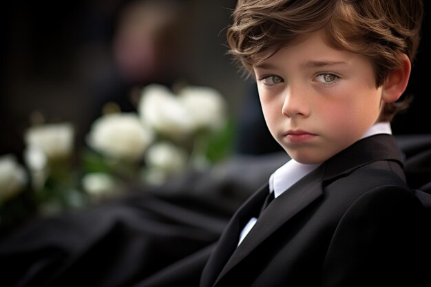 Retrato de um menino de terno preto com um buquê de flores funerárias