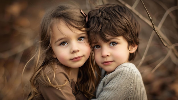 Retrato de um menino e uma menina bonitos com cabelos castanhos e grandes olhos castanhos de pé perto um do outro ao ar livre