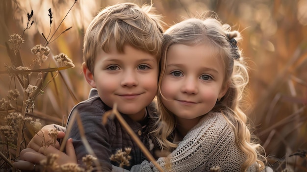 Retrato de um menino e uma menina bonitos com cabelos loiros eles estão de pé em um campo de grama alta