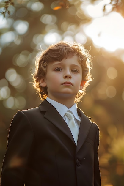 Retrato de um menino em sua primeira comunhão com um terno