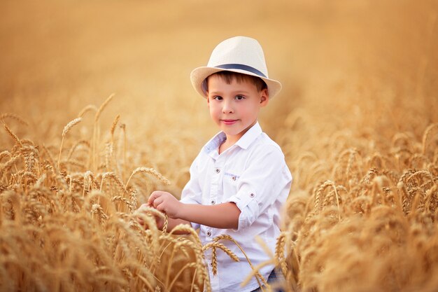 Retrato de um menino em um campo de trigo